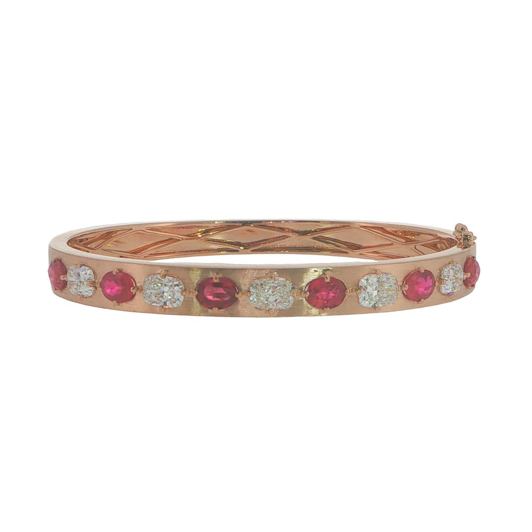 14K Rose Gold Bangle With Rubies And Diamonds - 7"