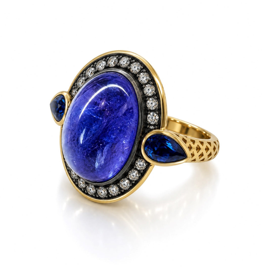 Crownwork North South Cocktail Ring With Tanzanite, Diamonds, And Blue Sapphires - Size 6.5