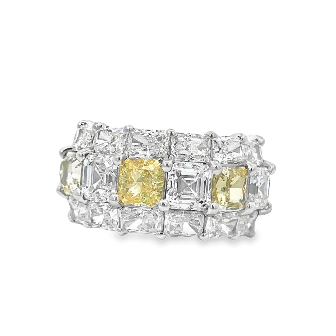 White Gold Ring With Asscher Cut White Diamonds, Radiant Cut Yellow Diamonds, and Radiant Cut White Diamonds - Size 6.5