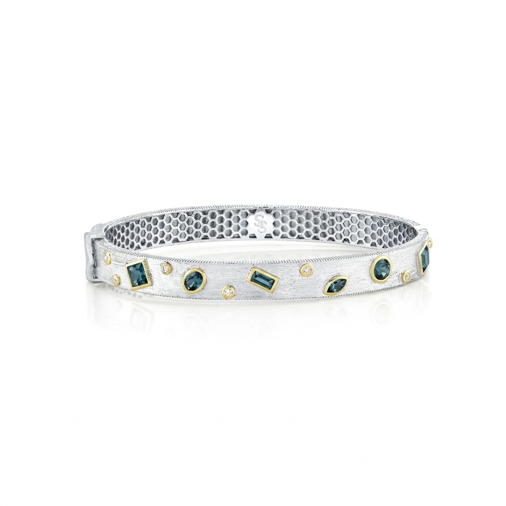 Sterling Silver Bracelet With Gypsy Set Mix Shape London Blue Topaz And Diamond Accents - 6.5"
