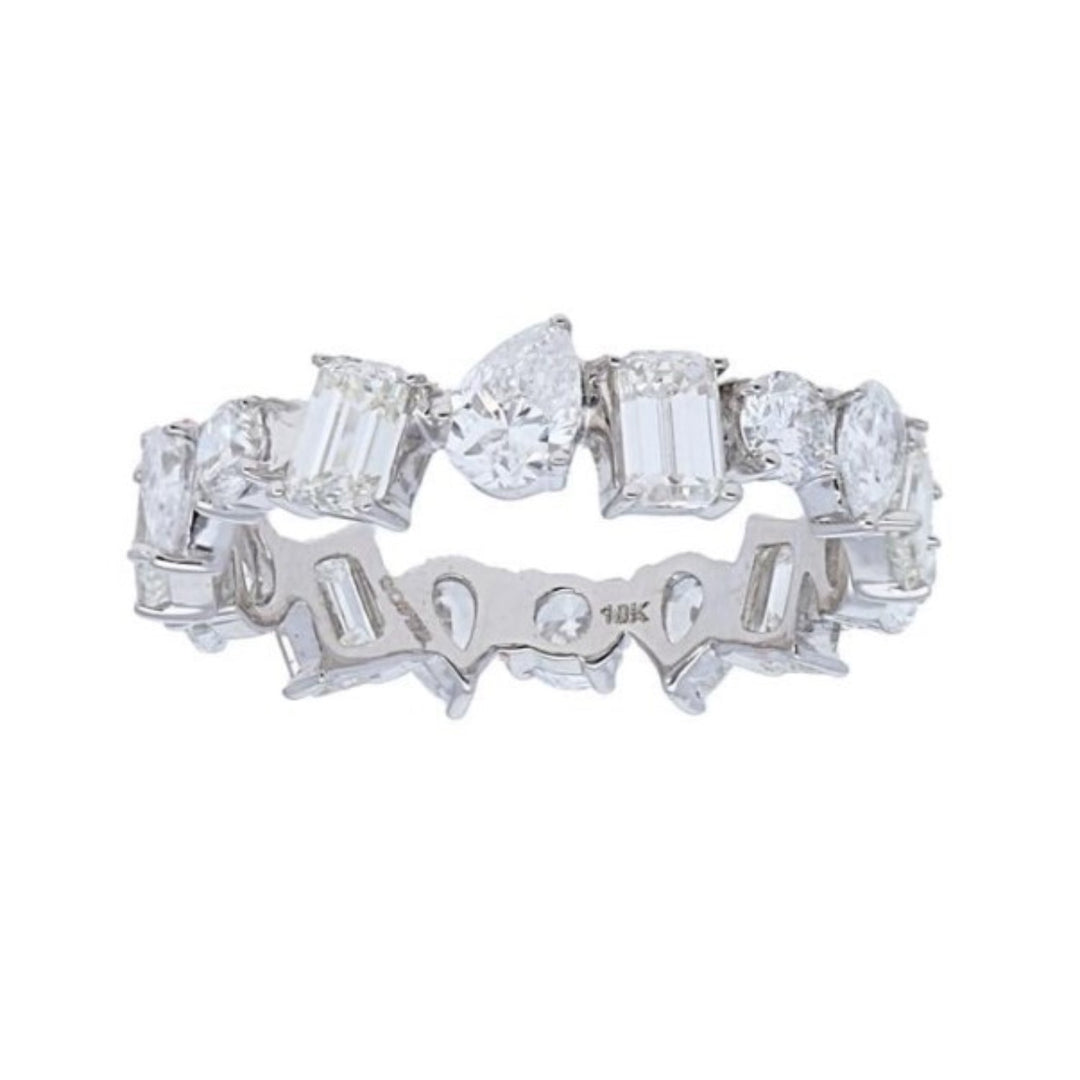 White Gold Eternity Ring With Round, Pear Shaped, and Emerald Cut Diamonds - Size 6.5