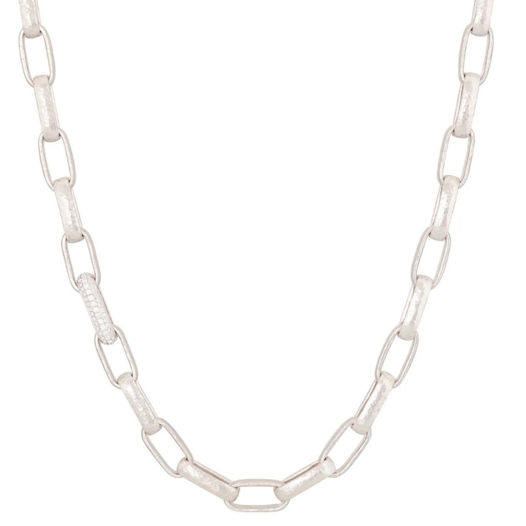 Hoopla Couture Silver Statement Oval Chain Necklace With One Diamond Pave Link - 20"
