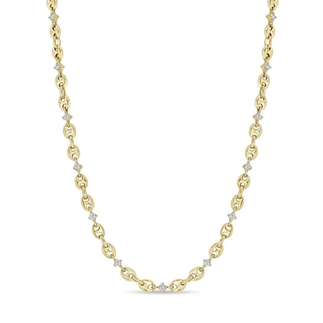 Small Puffed Mariner Chain Necklace With Diamonds