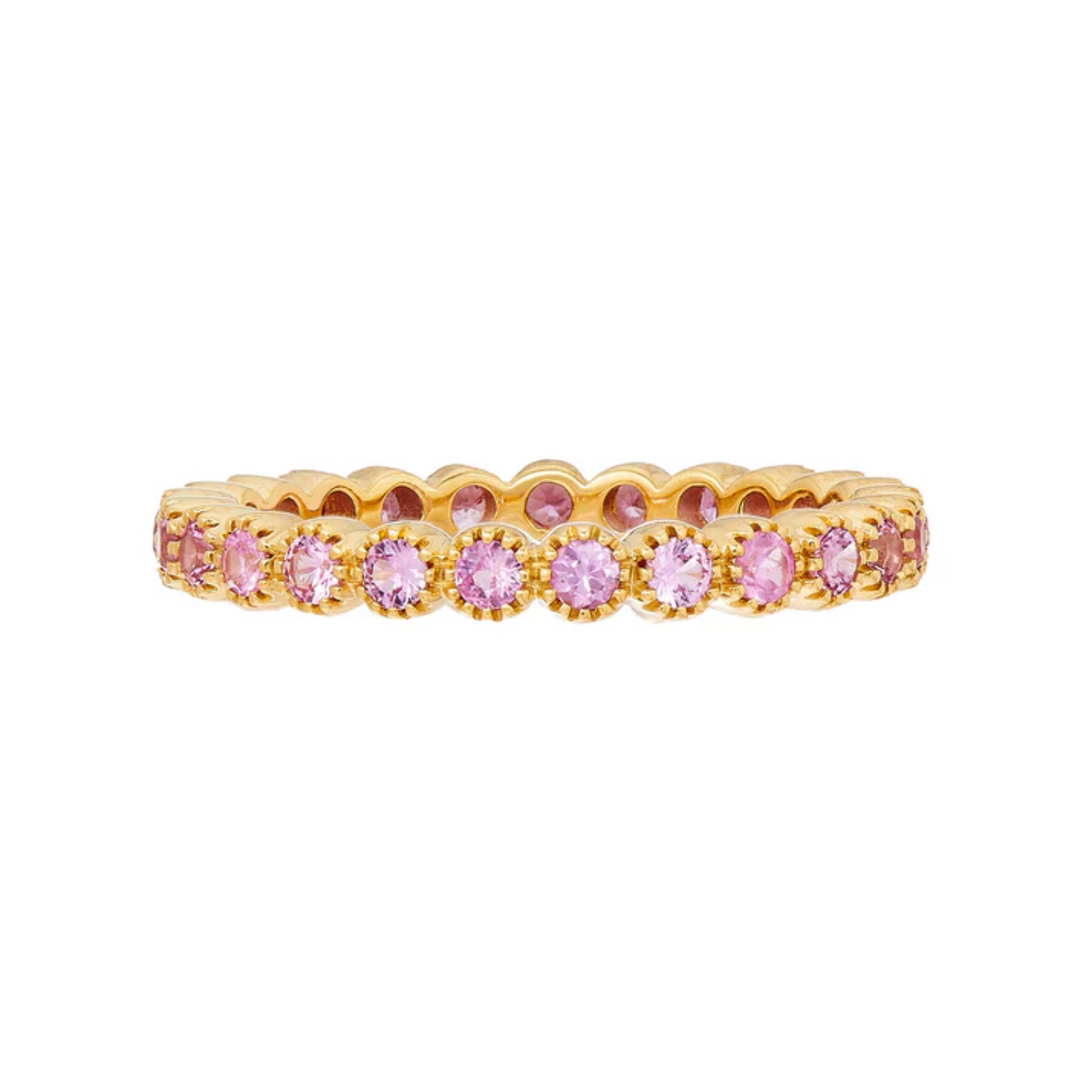 18K Yellow Gold Pink Sapphire Bezel Band - Size 6.5