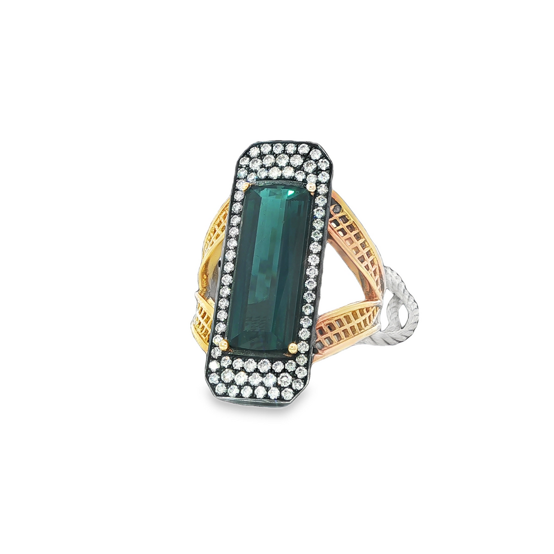 18K Yellow Gold Crownwork Edwardian Ring With Indicolite And Diamonds - Size 6.25