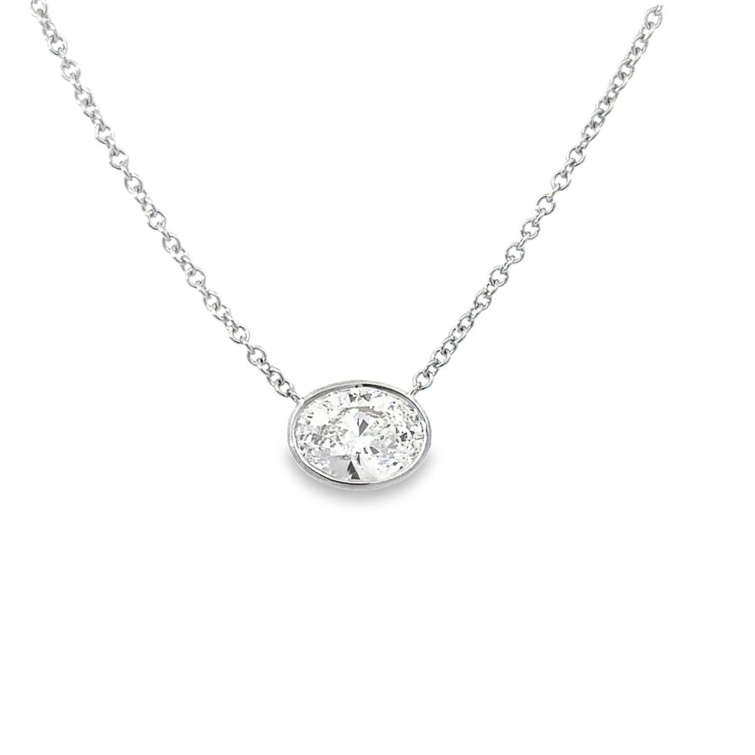 White Gold Bezel Set Oval Cut Diamond Solitaire Necklace Weighing 2cts
