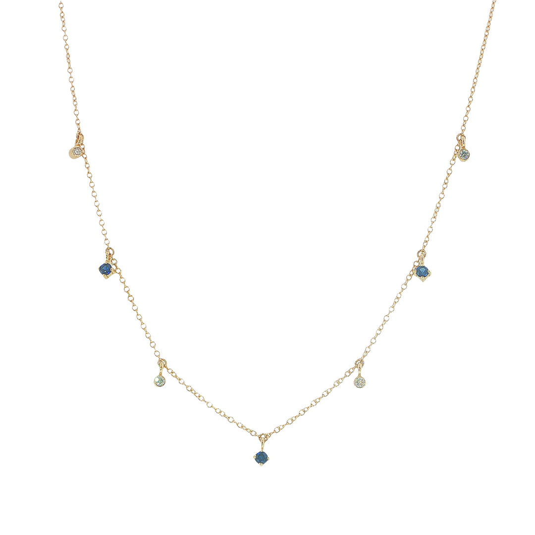14K Yellow Gold Necklace With Alternating Dangling Blue Sapphires And Diamonds