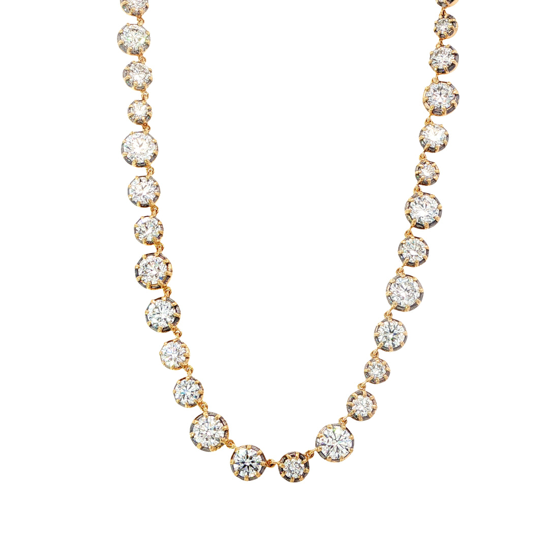 18K Yellow Gold & Black Rhodium Collet Set Diamond Tennis Necklace Weighing 14.85cts - 16"