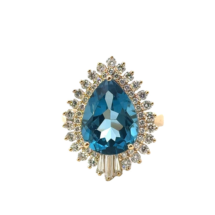 18K Pear Shaped London Blue Topaz Ring with Diamond Halo