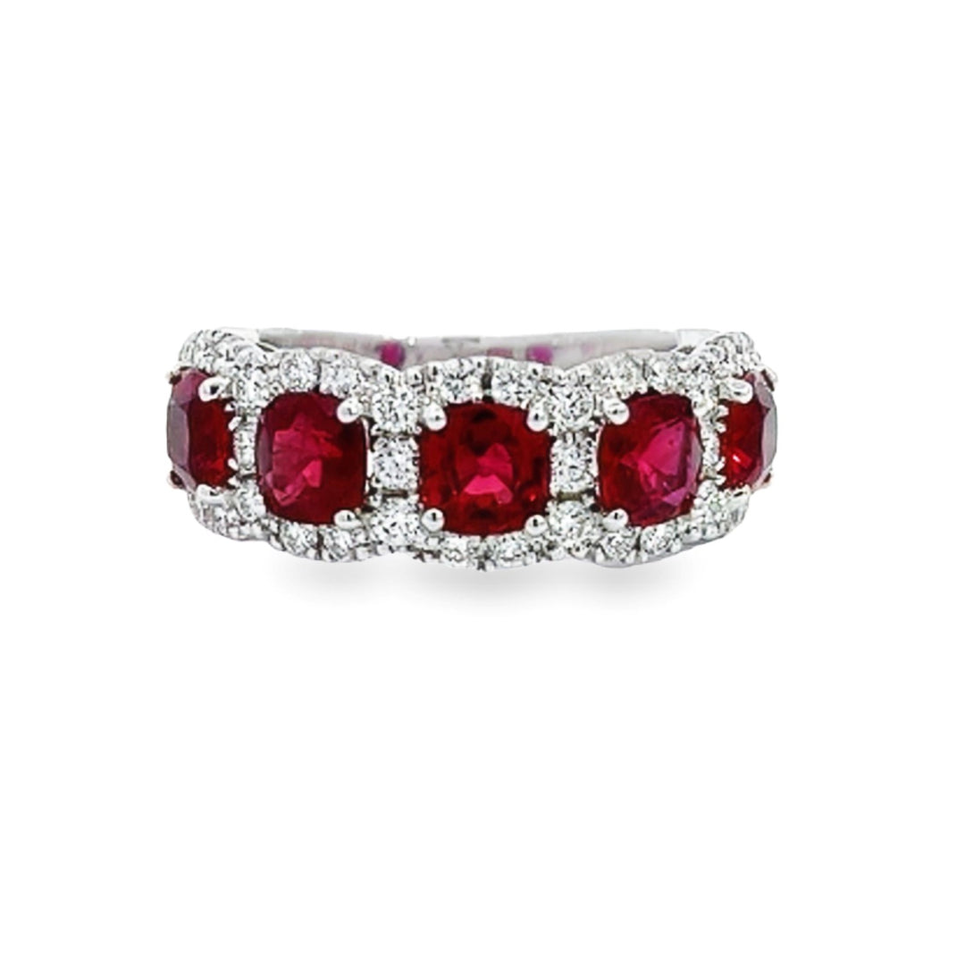 White Gold Ring With 5 Cushion Cut Rubies And Diamond Halos - Size 7