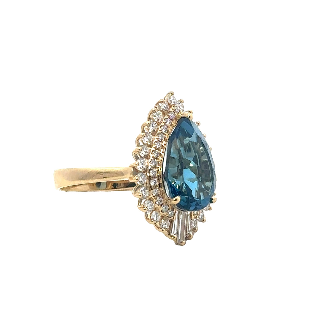 18K Pear Shaped London Blue Topaz Ring with Diamond Halo