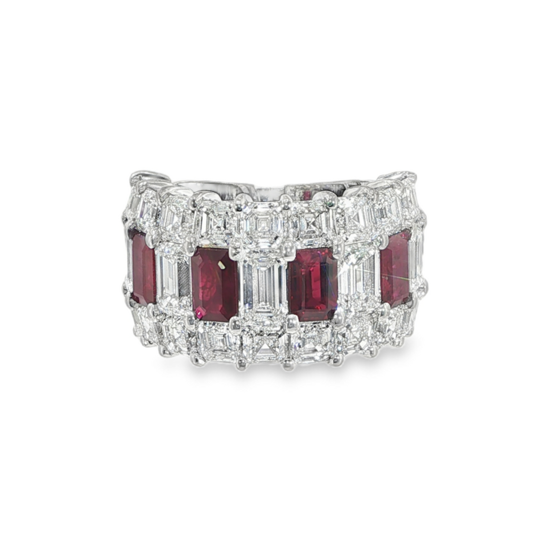 White Gold Ring With Emerald Cut Diamonds, Emerald Cut Rubies, And Asscher Cut Diamonds - Size 7