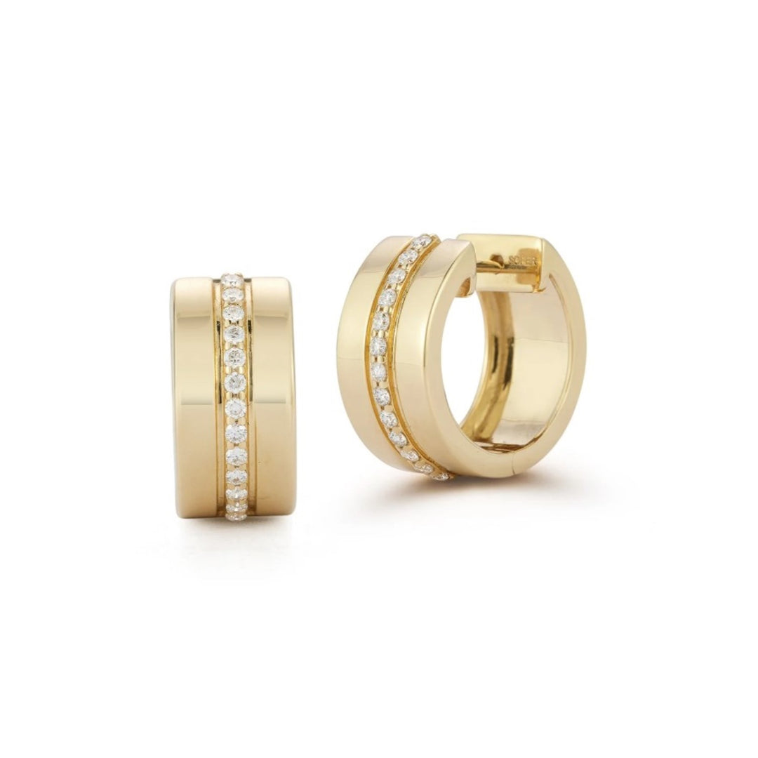Yellow Gold Diamond Huggie Earrings Featuring A Row Of Round Diamonds