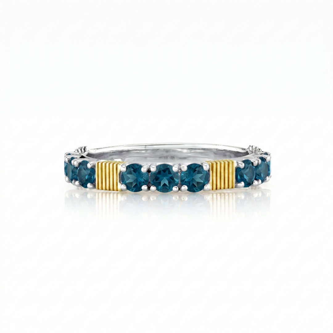 Sterling Silver London Blue Topaz Ring With Gold Strie Stations - Size 7