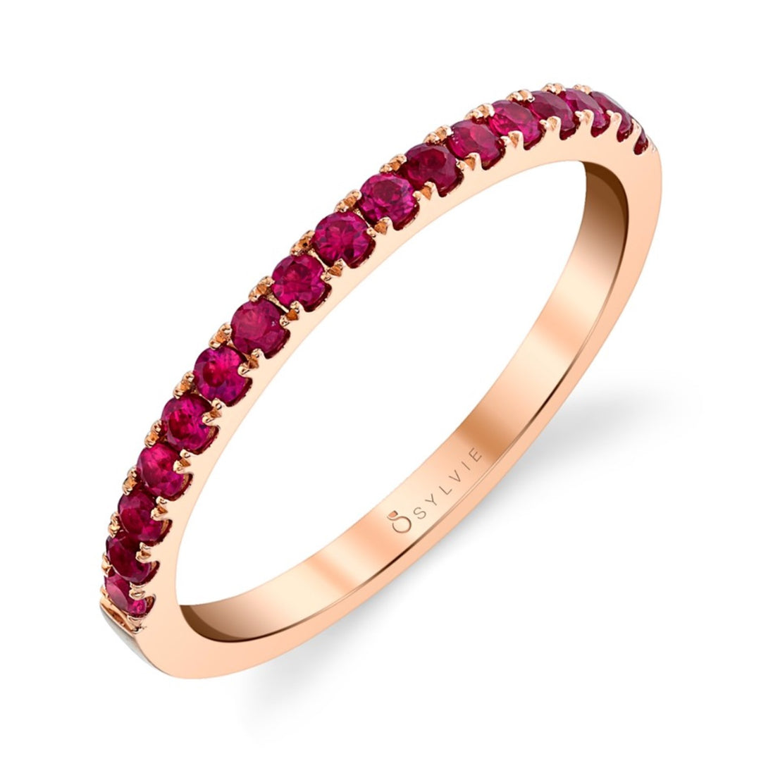 14K Rose Gold Band With Rubies Half Way Around - Size 6.5