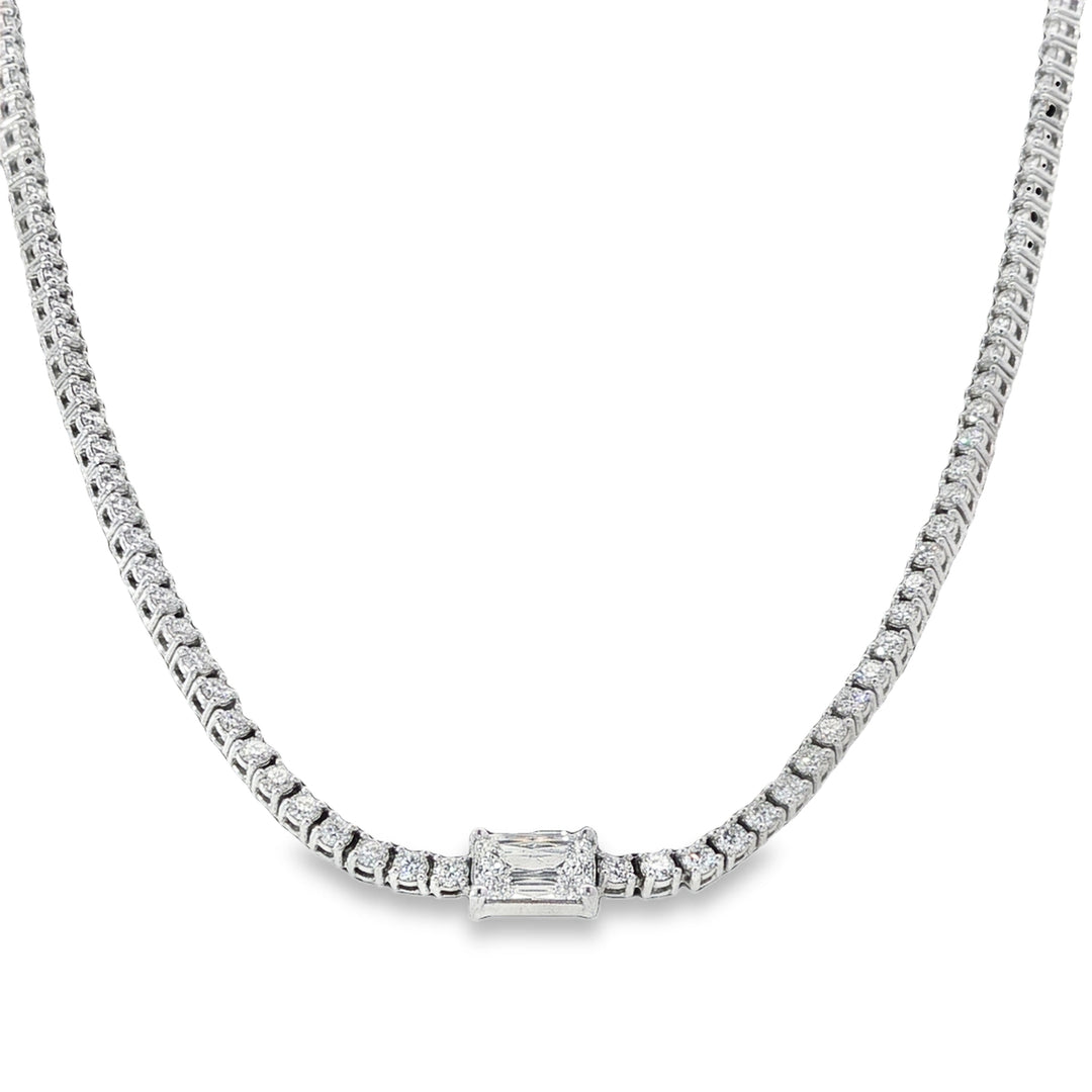 18K White Gold Diamond Tennis Necklace With A Rounded Corner Rectangular Center Stone - 16.5"