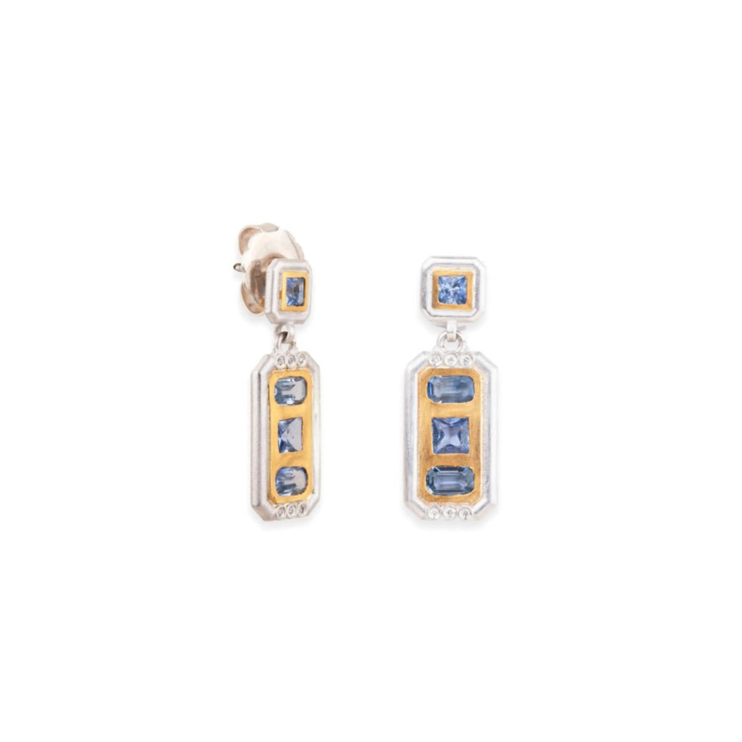 24K Yellow Gold And Sterling Silver "Deco" Drop Earrings With Blue Sapphires And Diamonds