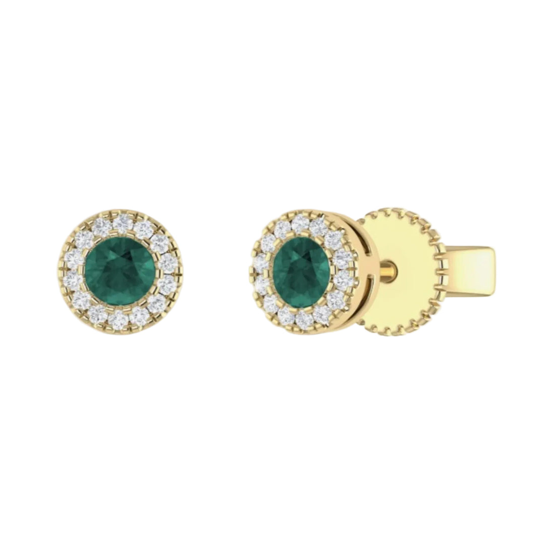 Alexandrite Circle Stud Earrings With Diamond Halo