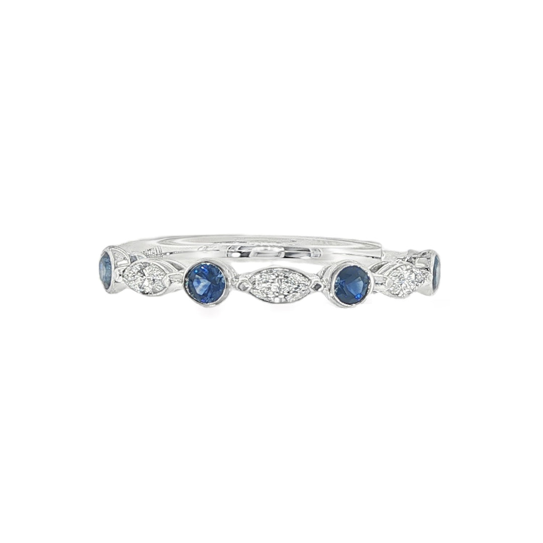 18K White Gold Half Round Band With Sapphires And Diamonds - Size 6