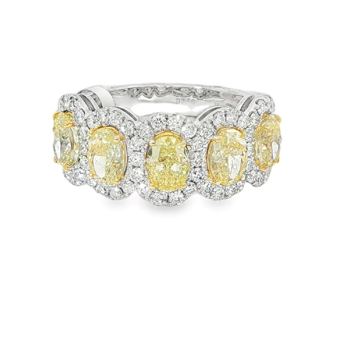 White Gold Diamond Band With 5 Fancy Yellow Oval Diamonds and Diamond Halos - Size 6.5