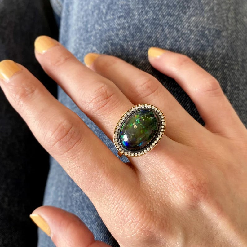 Crownwork Ring With Bezel Set Black Opal Center Stone And A Pave Diamond Halo - Size 6.5