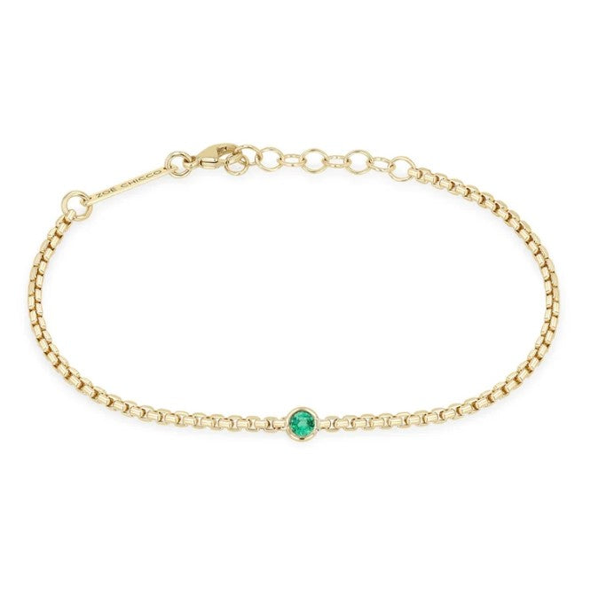 14K Yellow Gold Small Box Chain Bracelet With A Floating Emerald - 7"
