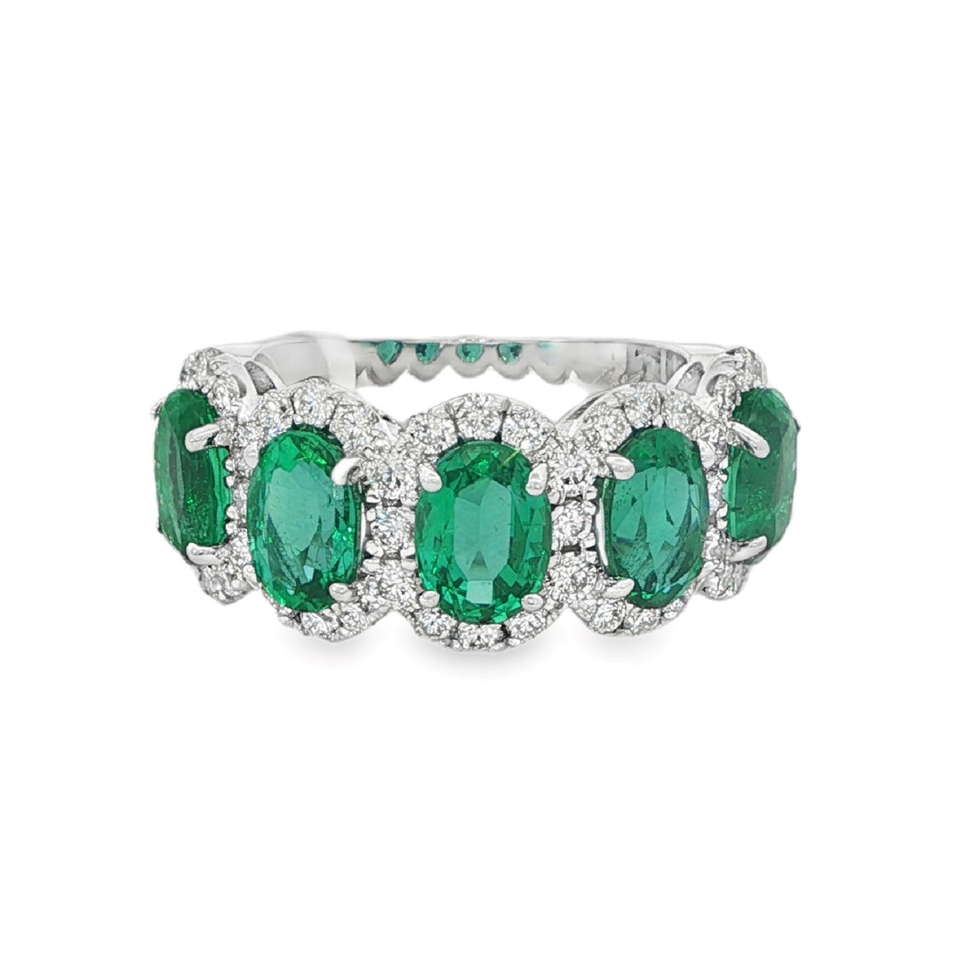 White Gold Band With 5 Oval Emeralds And Diamond Halos - Size 6.75