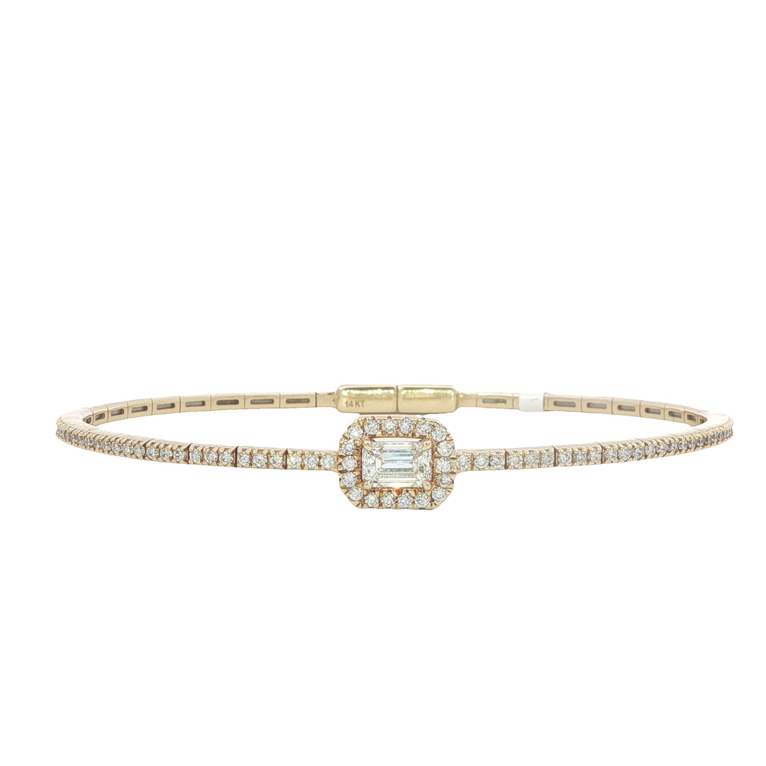 Yellow Gold Flexible Bangle With An Emerald Cut Center Diamond and Diamond Accents