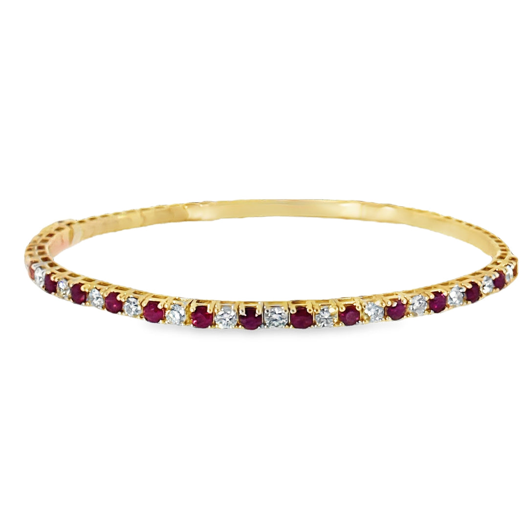14K Yellow Gold Flexible Bangle With Alternating Rubies And Diamonds