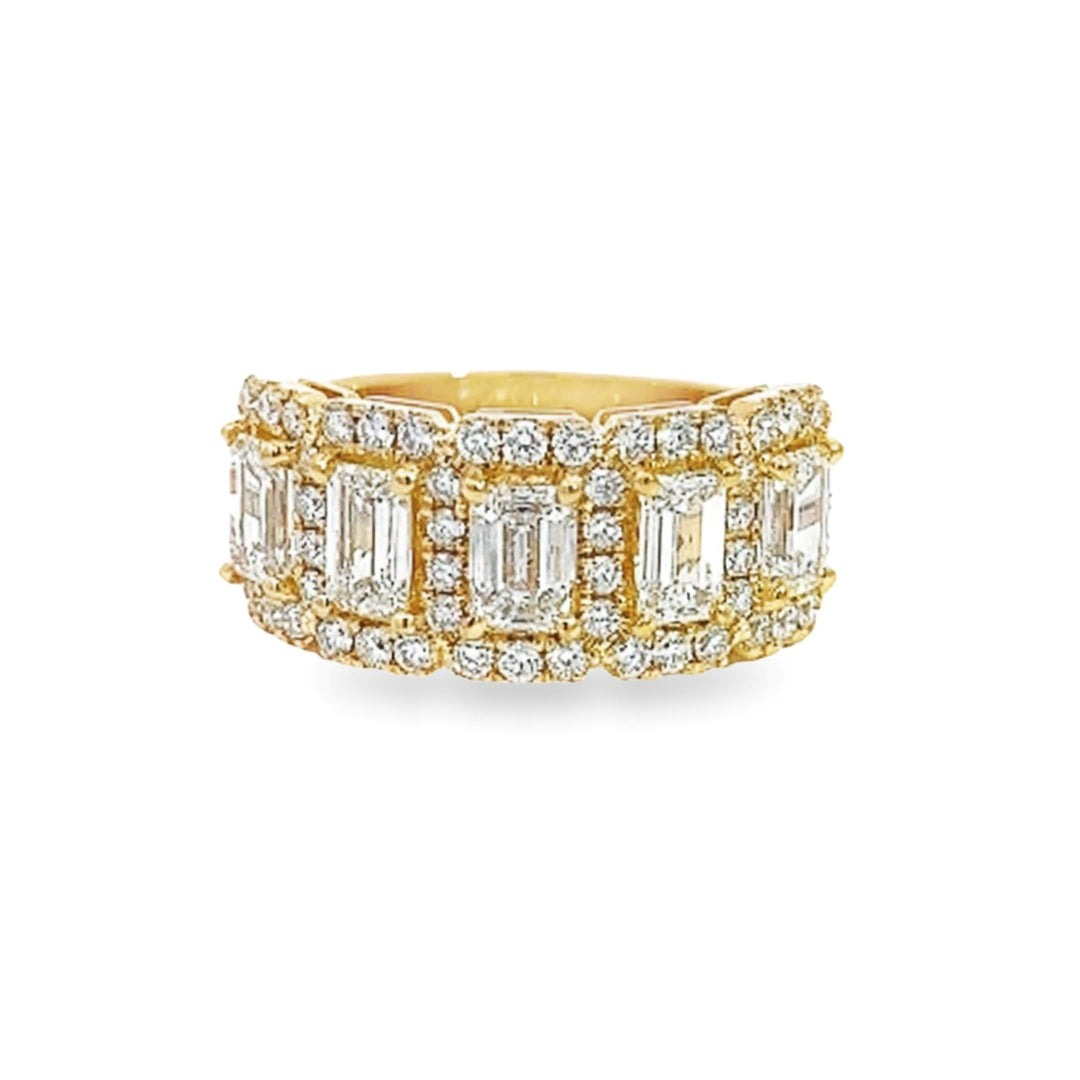 Yellow Gold Emerald Cut Diamond Band With Diamond Halos - Size 7