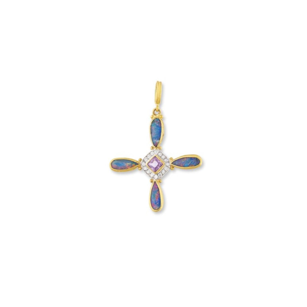 Monet's Garden Cross Pendant With Opals And Pink Sapphire
