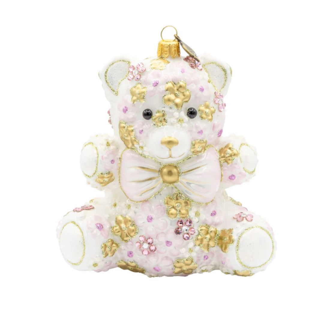 Pink Floral Teddy Glass Ornament