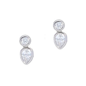 14K White Gold Bezel Set Pear and Round Diamond Stud Earrings