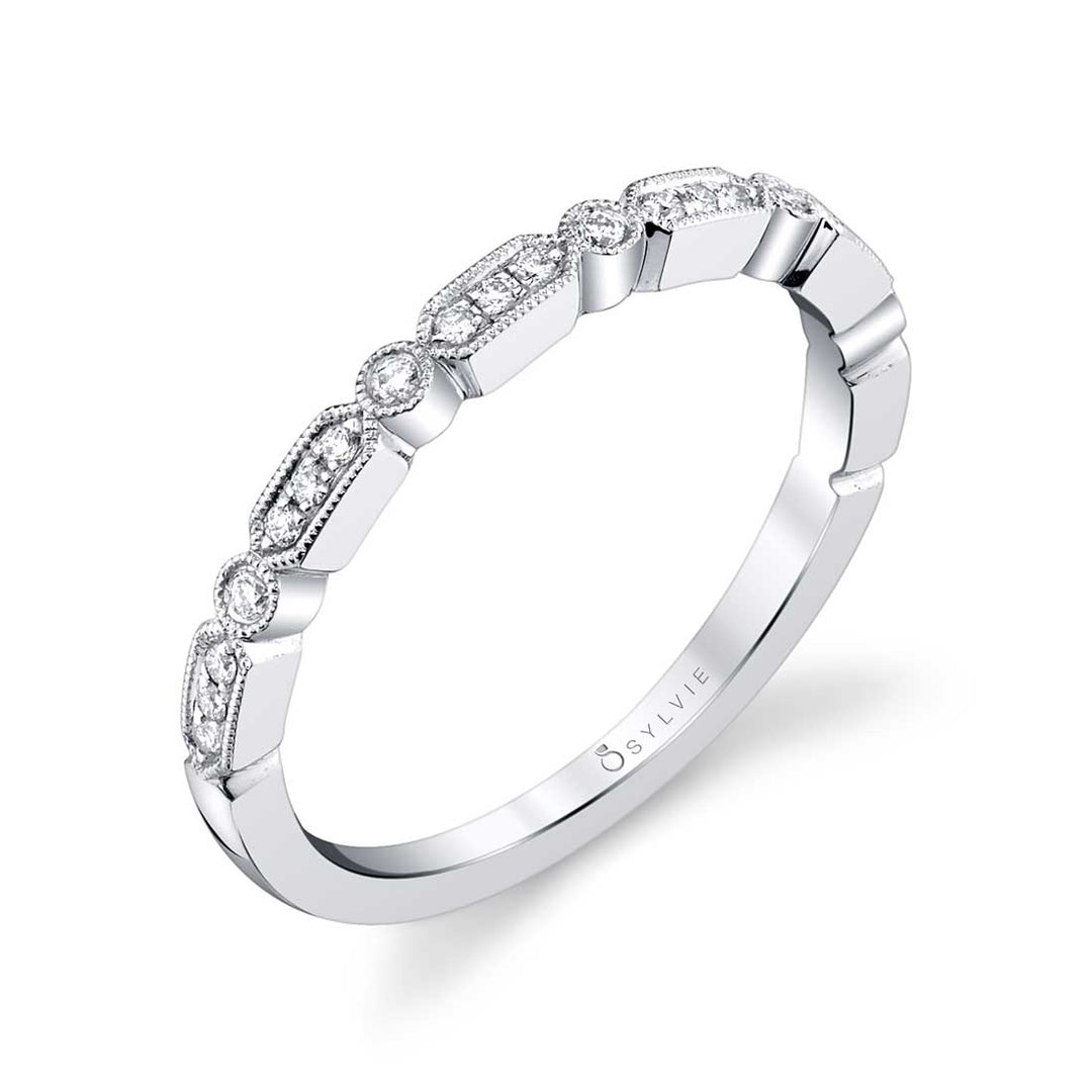 14K White Gold Stack Wedding Band With Miligrain Detailing And Diamonds