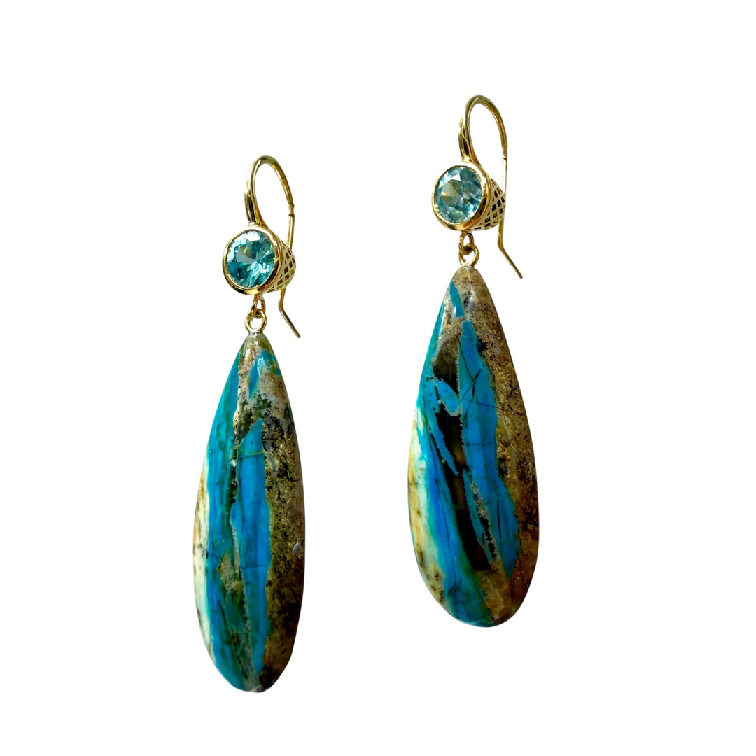 Chrysocolla Drop Earrings With Crownwork Bezel Set Blue Zircon