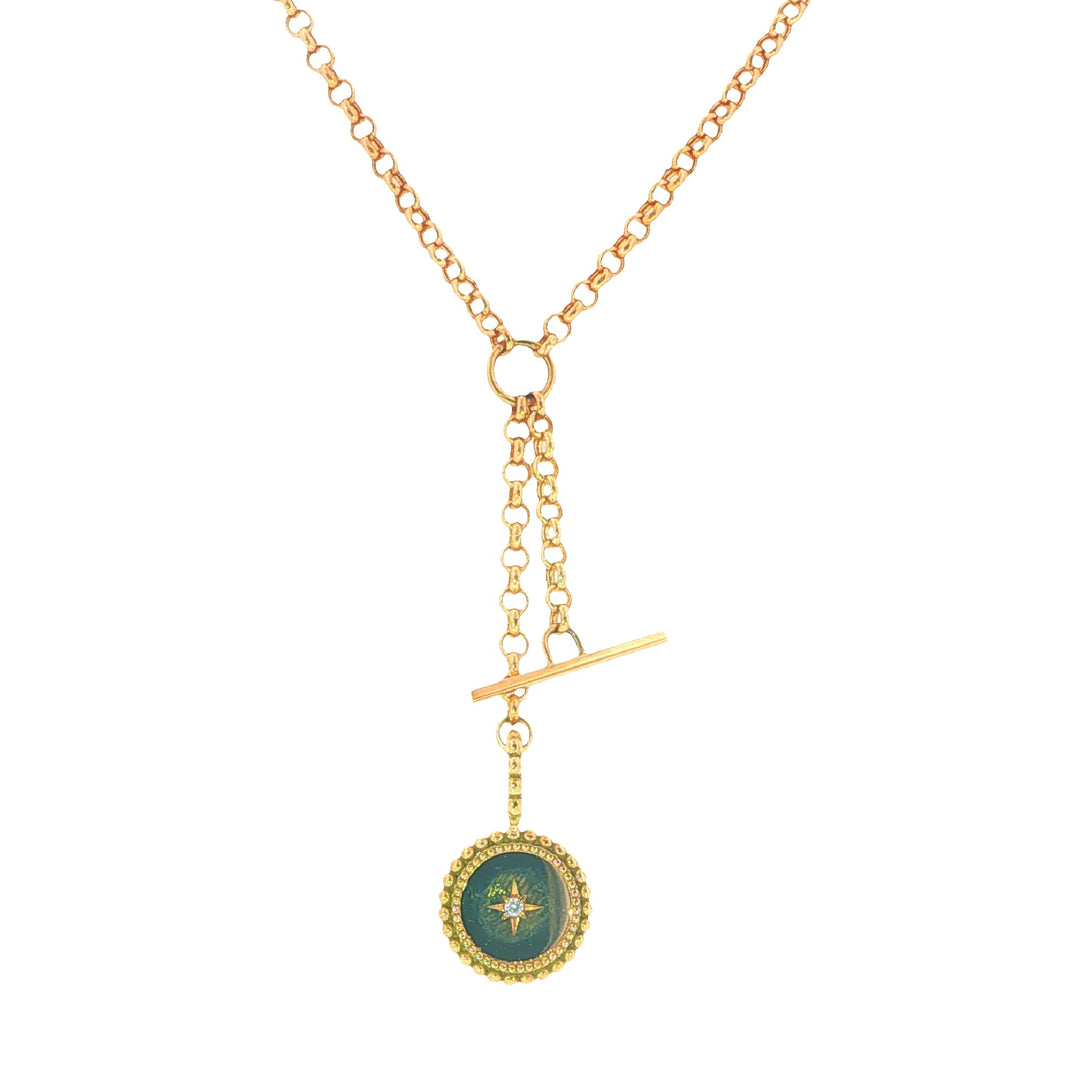 14K Gold Beaded Frame Pendant With Star Set Diamond Pendant and Chain