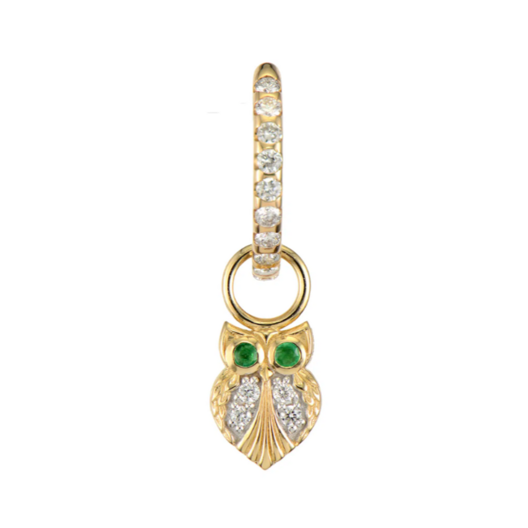 Single Tiny Wise Owl Charm With Diamonds And Emeralds
