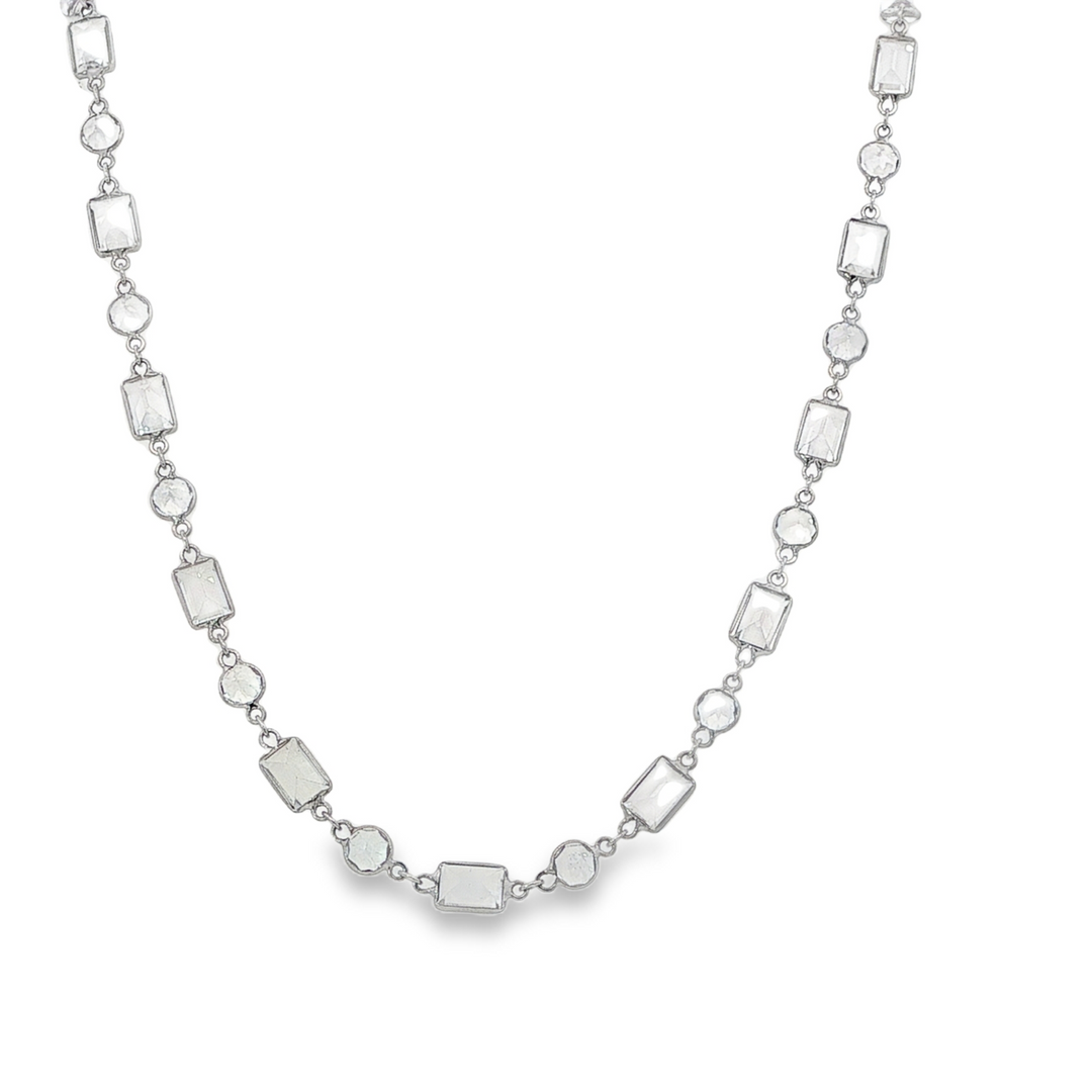 18K White Gold Necklace With Alternating Round Cut And Emerald Cut White Topaz Stones - 34"
