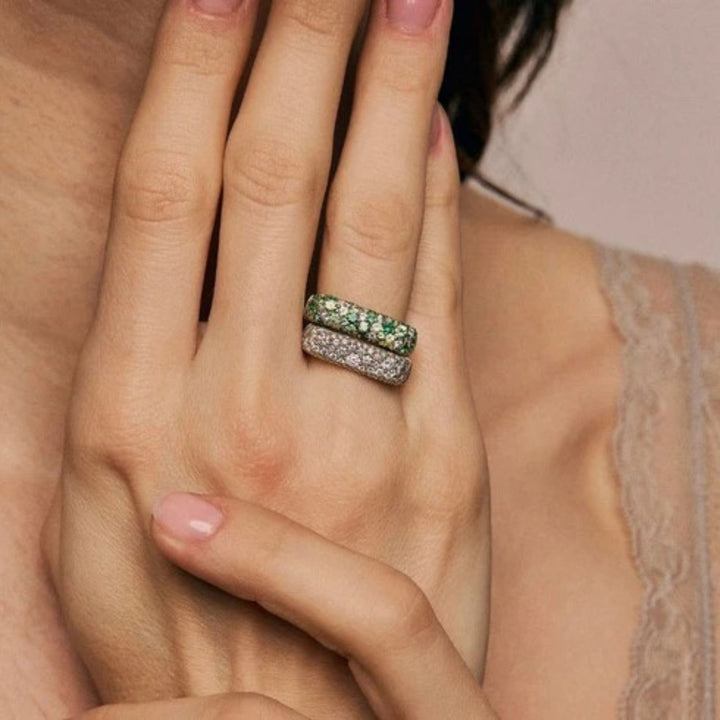 14K Yellow Gold Sparkle Stack Ring With Ombre Green Sapphires