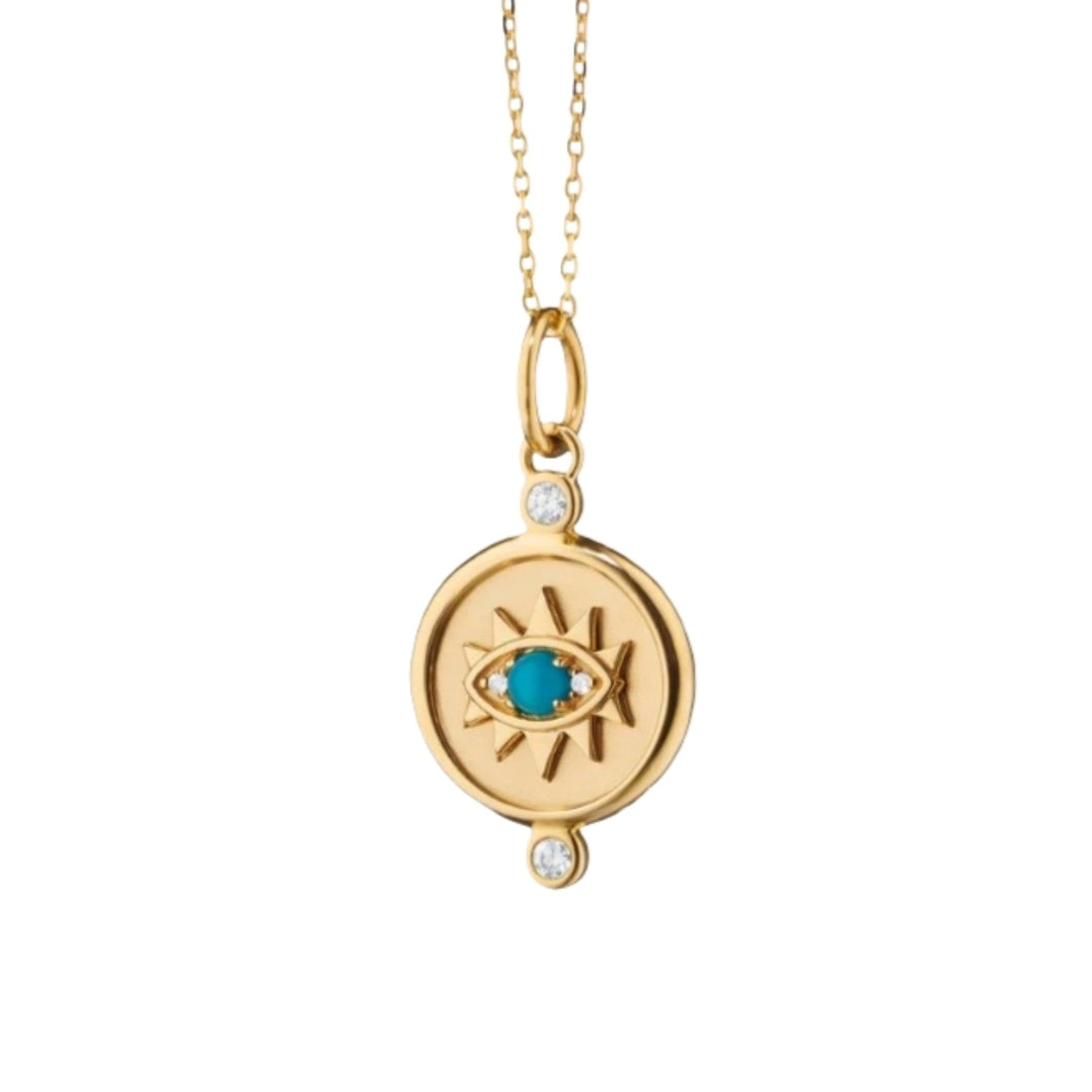 "Protect" Eye Charm With Turquoise And Diamond On A 17" Delicate Chain
