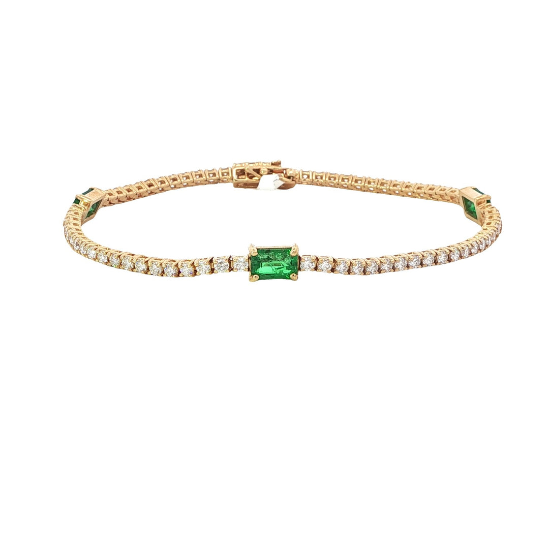 18K Yellow Gold Diamond Tennis Bracelet With 3 Emerald Cut Emeralds - 7"