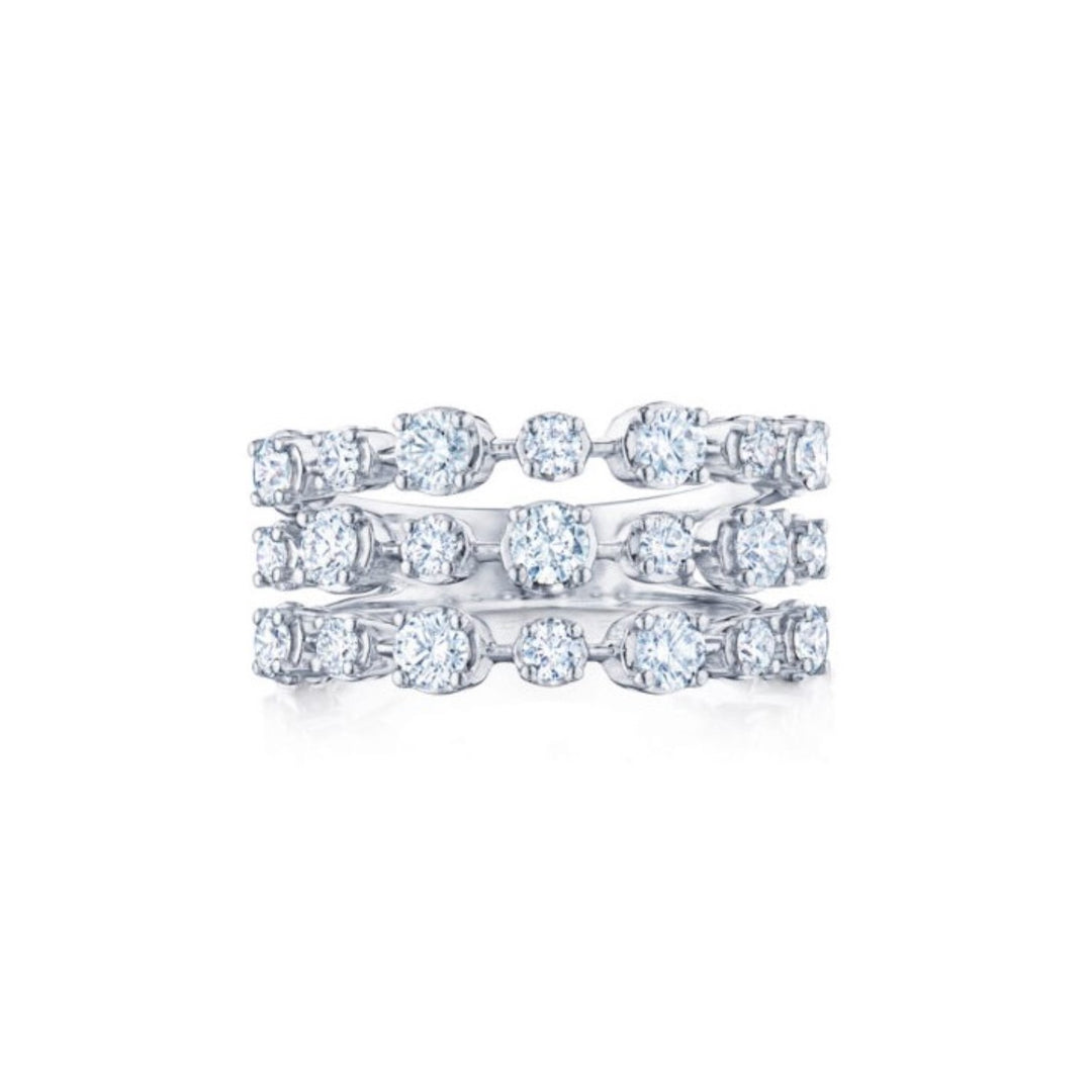 18K White Gold Starry Night Three Row Diamond Ring - Size 6