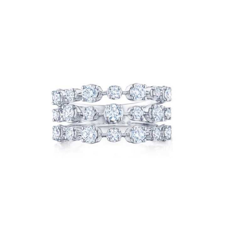 18K White Gold Starry Night Three Row Diamond Ring - Size 6