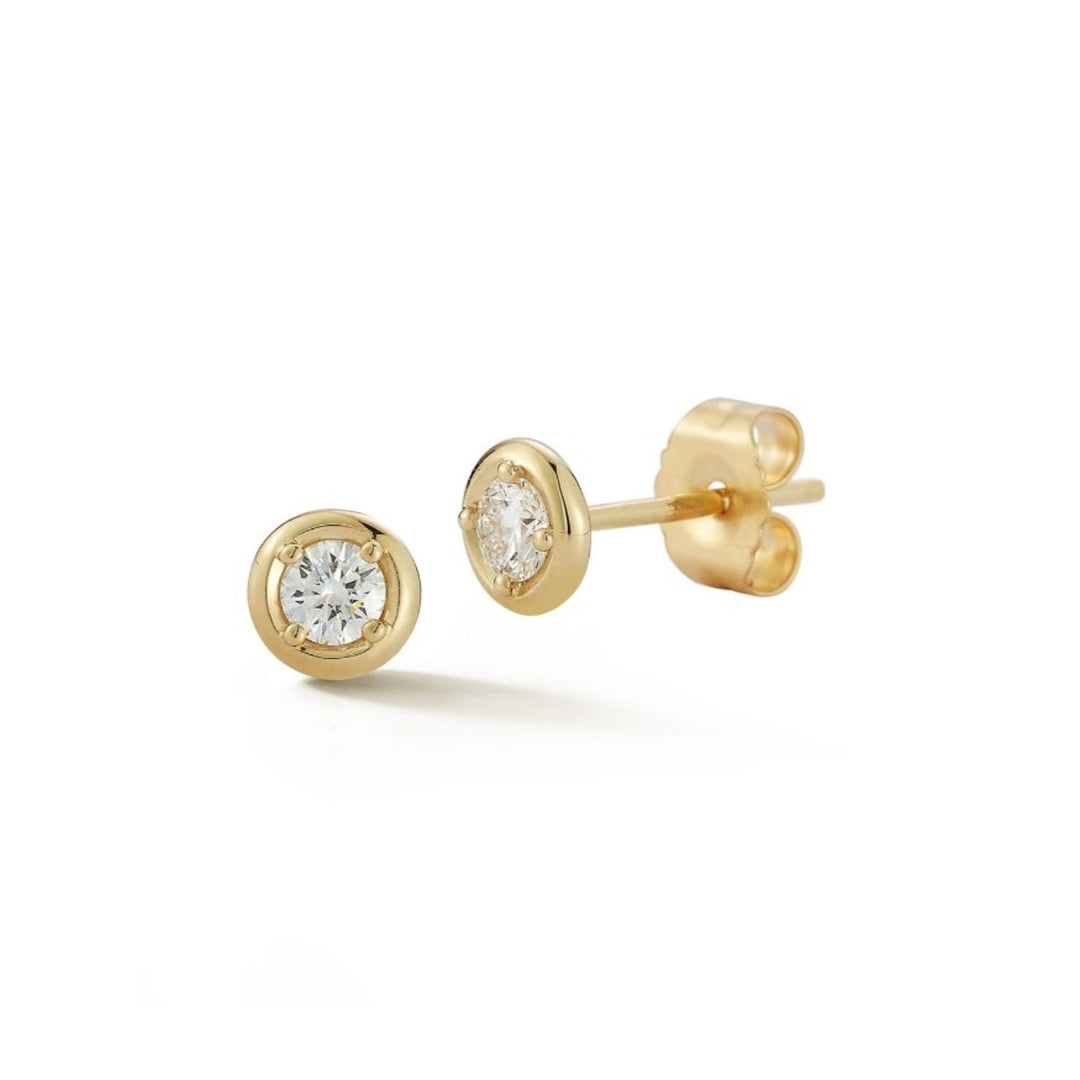 14K Yellow Gold Round Diamond Flat Rim Bezel Earrings