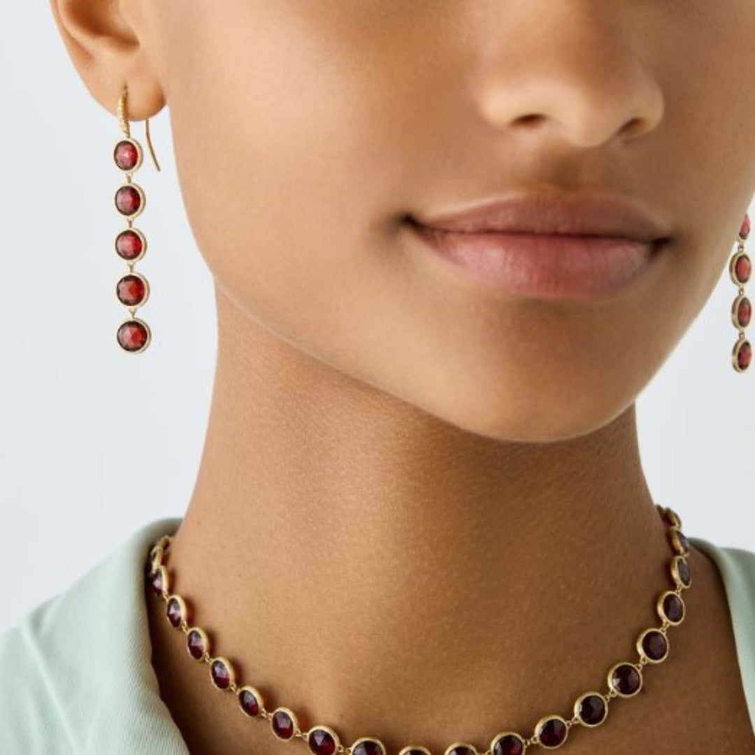 Jaipur Collection Drop Earrings With Bezel Set Red Garnet Accented By Diamonds