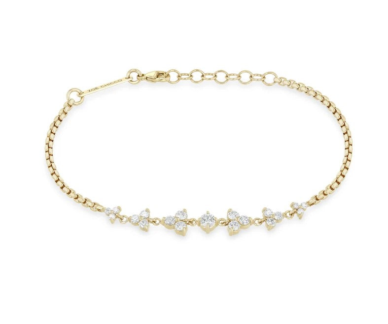 14K Yellow Gold Box Chain Bracelet With Graduated Diamond Trios - 7"