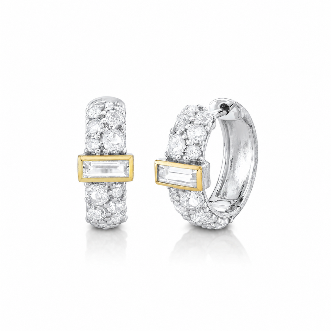 Sterling Silver Huggies With Pave White Topaz And White Topaz Baguettes