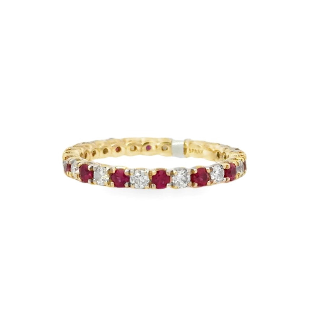 18K Yellow Gold Stack Ring With Diamonds And Rubies - Size 7