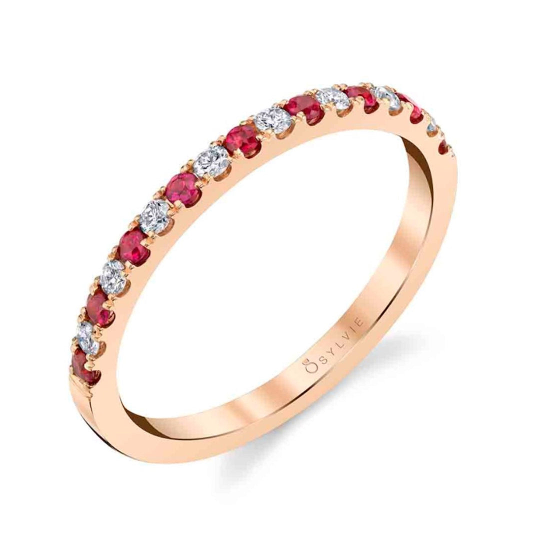 14K Rose Gold Band With Rubies And Diamonds - Size 6.5