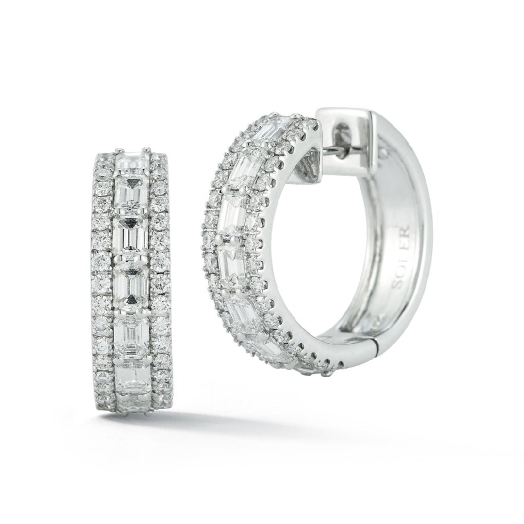 14K White Gold Emerald Diamond Huggies With Diamond Border Weighing 4.68cts